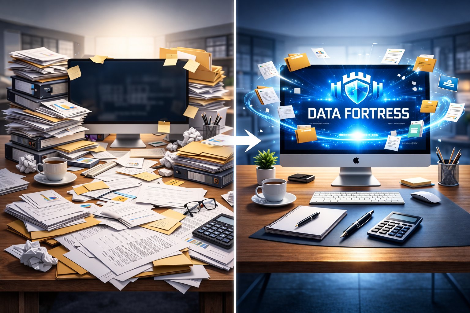 Before: a cluttered desk buried in paper, folders, and sticky notes. After: a clean, organized workspace with Data Fortress managing everything digitally.