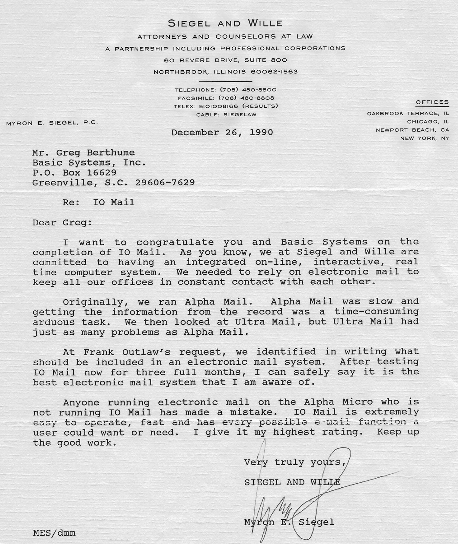 Letter from Myron E. Siegel, Siegel and Wille Attorneys at Law, December 26 1990