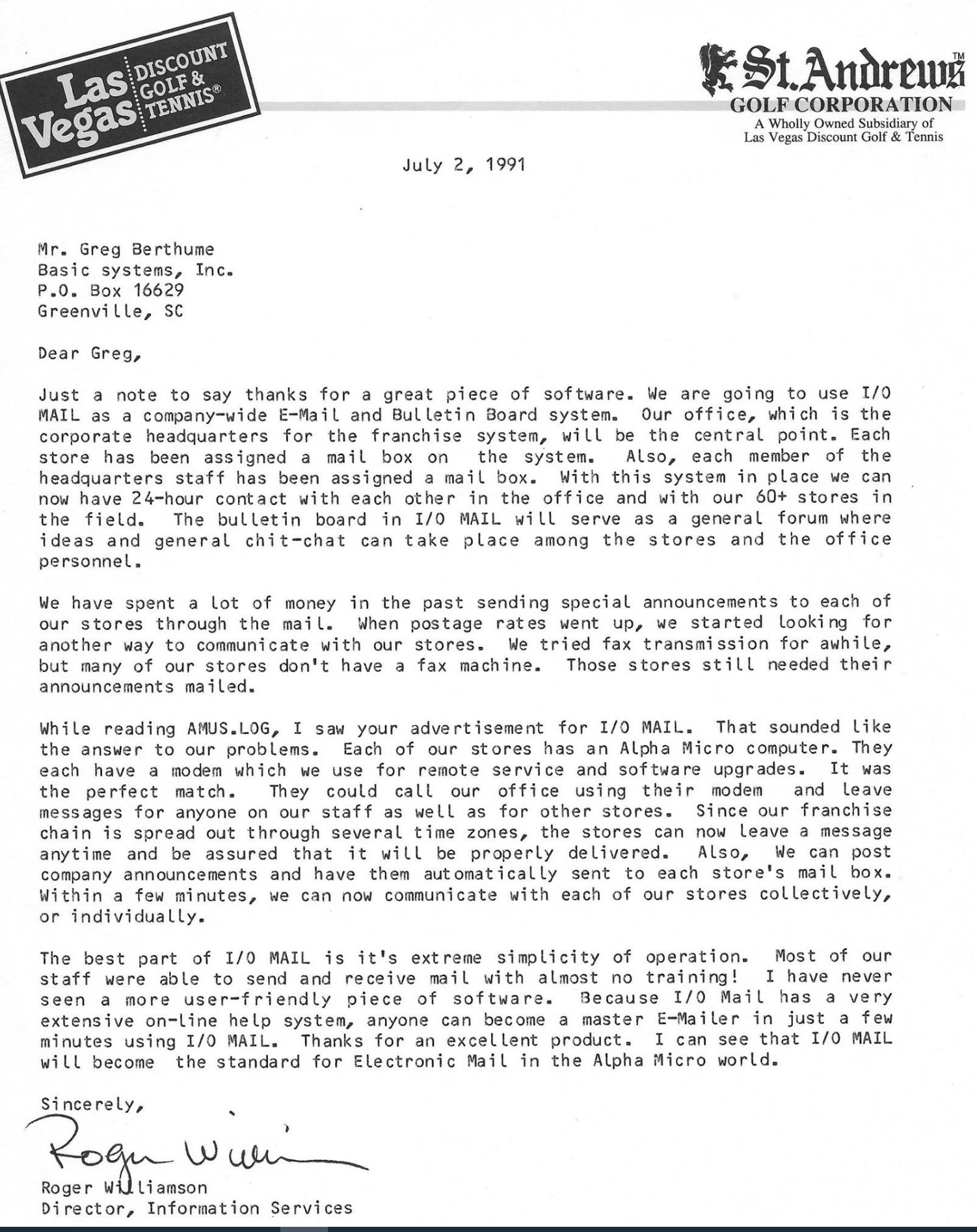 Letter from Roger Williamson, Director of Information Services, St. Andrews Golf Corporation, July 2 1991