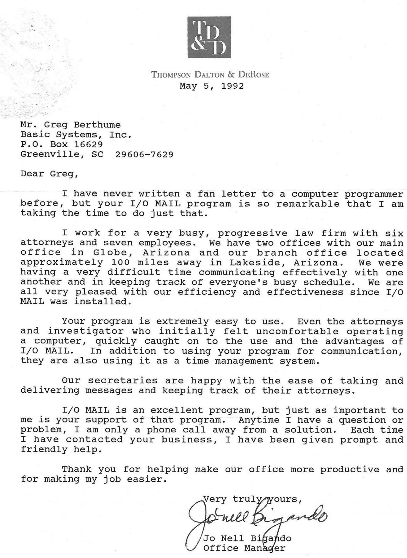 Letter from Jo Nell Bigando, Office Manager, Thompson Dalton and DeRose, May 5 1992