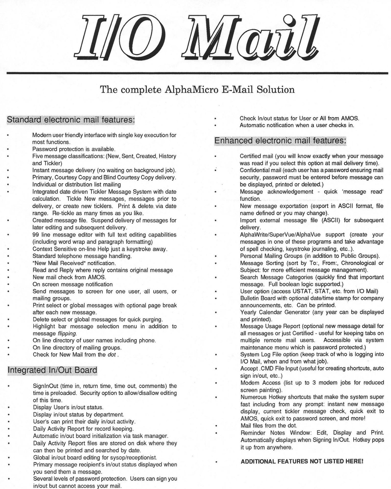 I/O Mail product description sheet — The complete AlphaMicro E-Mail Solution